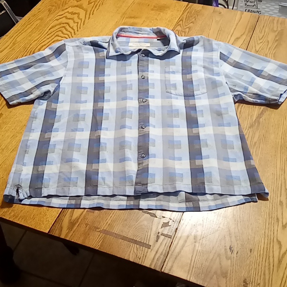 Tommy Bahama Mens Shirt XL Short Sleeve Silk Blend BLUE PLAID Summer Casual